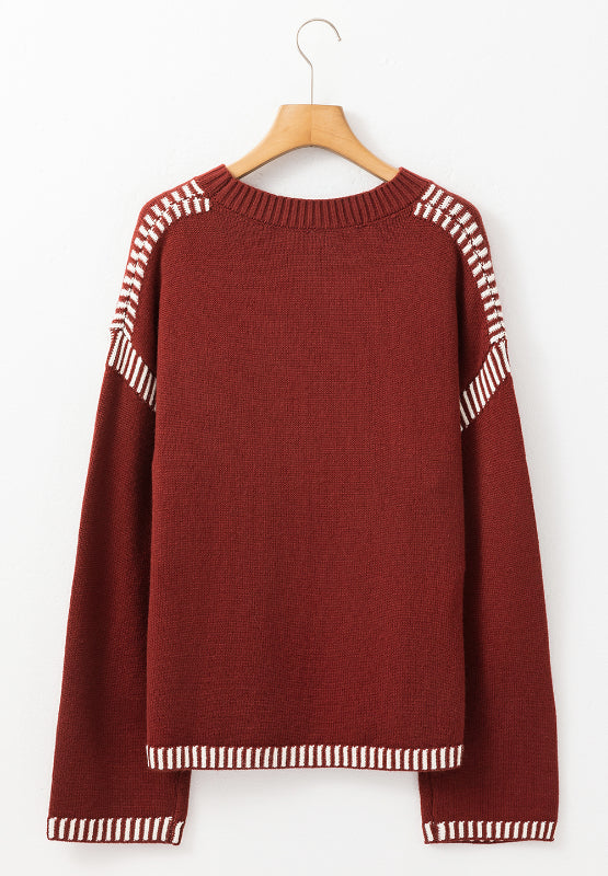 Striped Detail Round Neck Dropped Shoulder Sweater