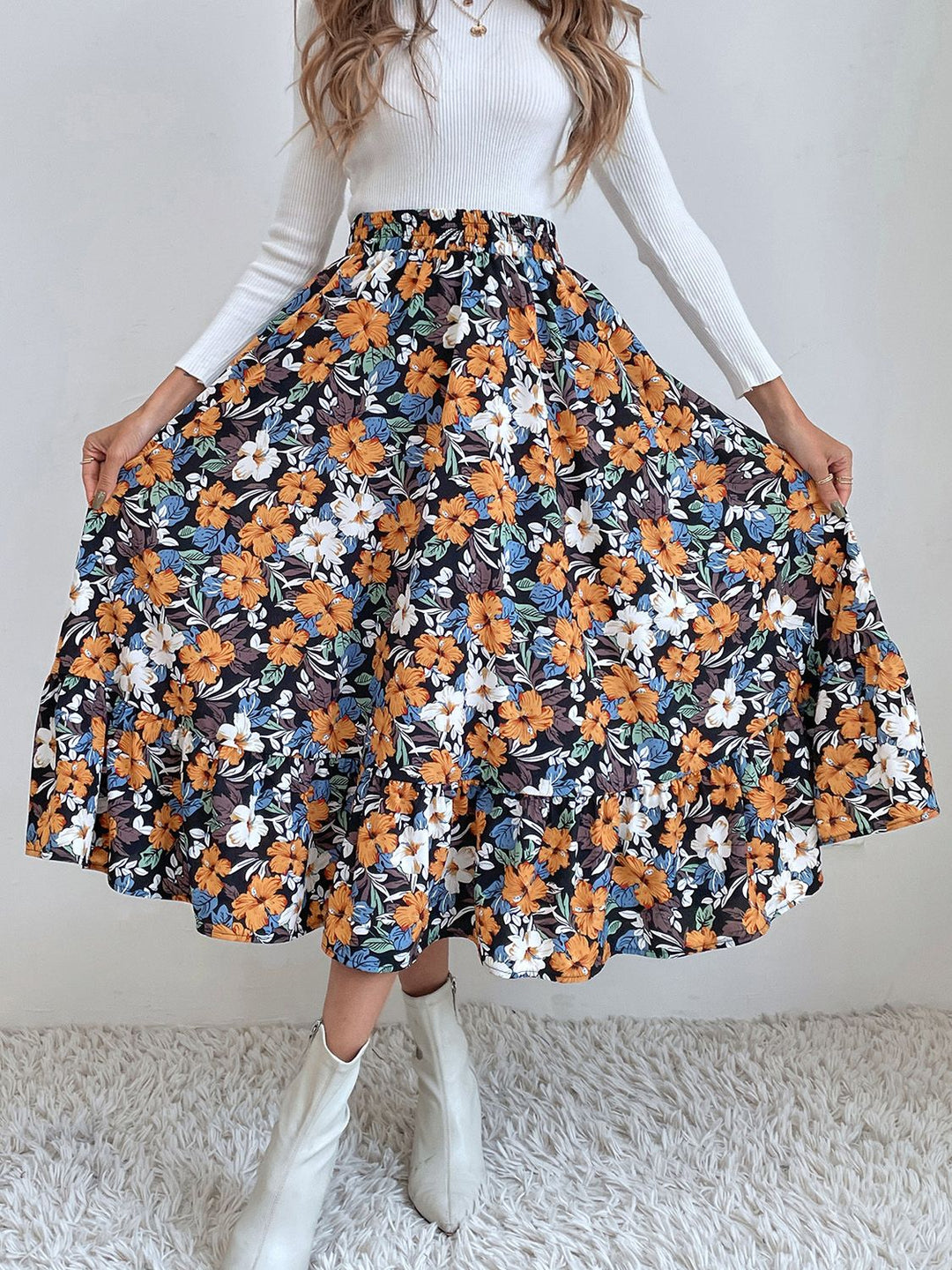 Printed Elastic Waist Midi Skirt