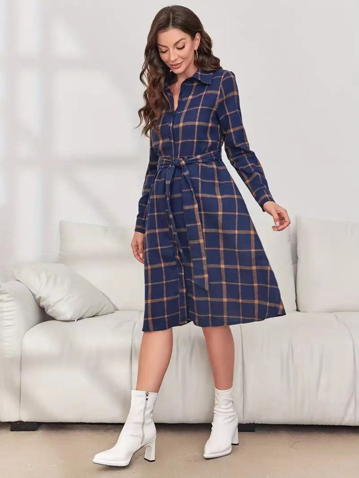 Plaid Tie Waist Long Sleeve Dress