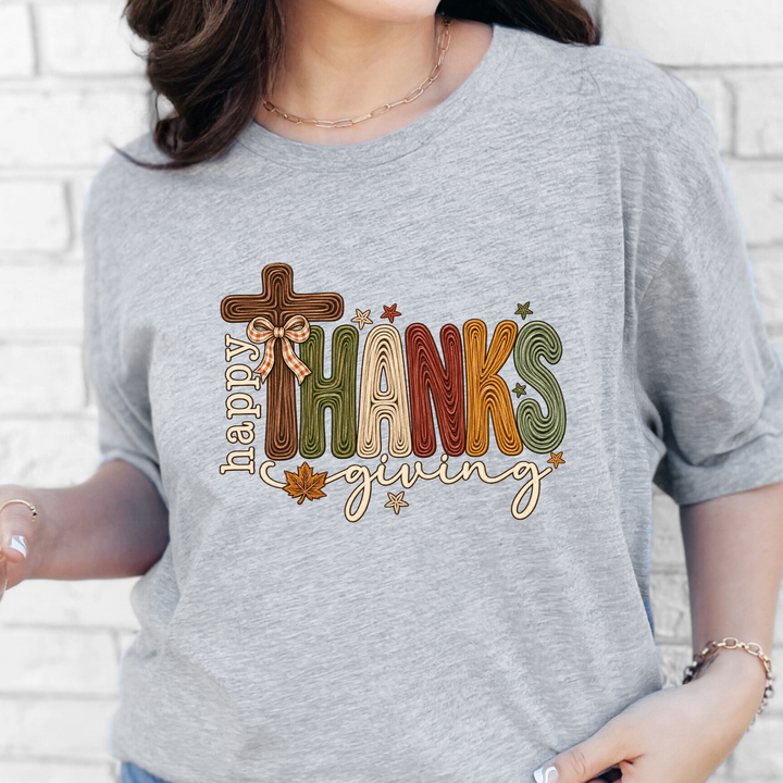 Wholesale Happy Thanksgiving Outline Graphic Tee - Grey