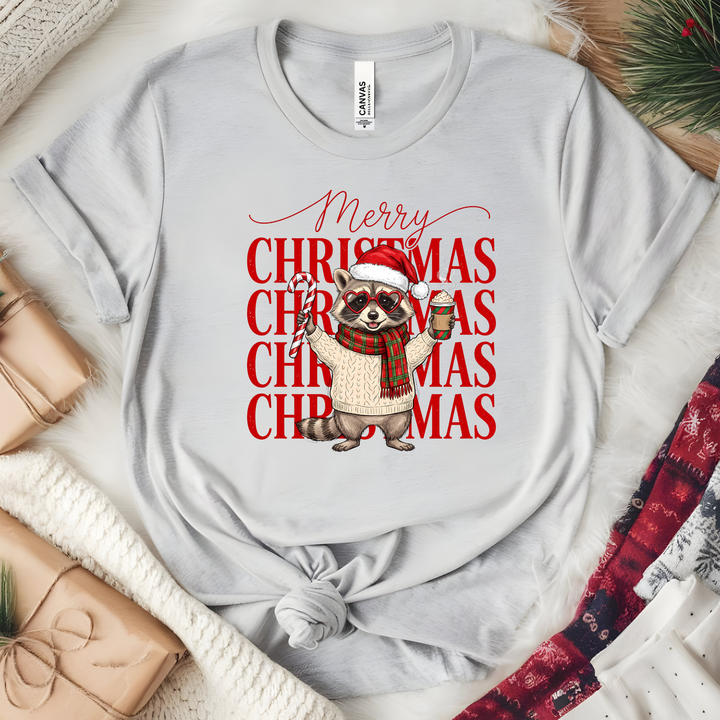 Wholesale Merry Christmas Raccoon Graphic Tee - Heather Cool Grey