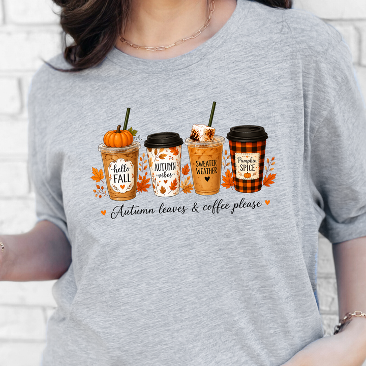 Wholesale Autumn Leaves &amp; Coffee Please Graphic Tee - Grey
