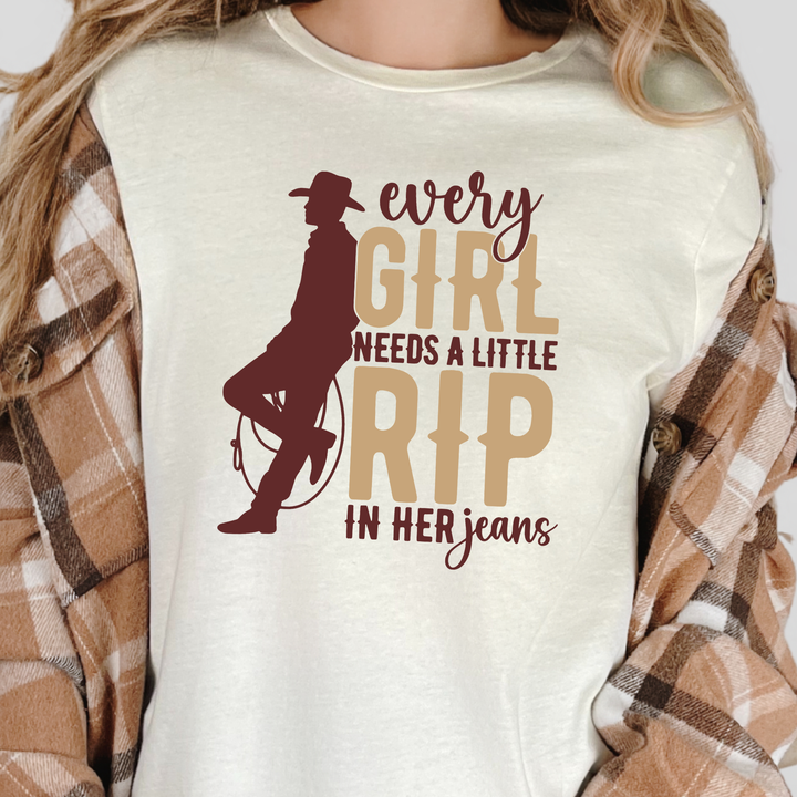 Wholesale A Little Rip in her Jeans Graphic Tee - Natural