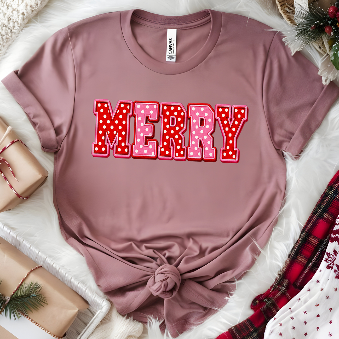 Wholesale Polka Dot Merry Graphic Tee - Heather Mauve