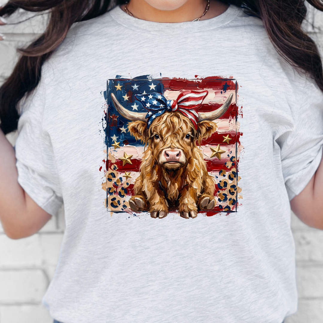 Wholesale Patriotic Highland Cow Graphic Tee - Ash Tee
