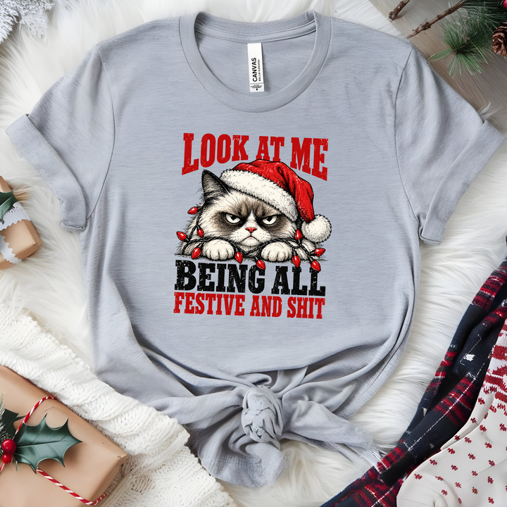 Wholesale Grumpy Christmas Cat Graphic Tee - Grey