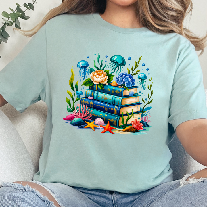Wholesale Nautical Floral Books Graphic Tee - Dusty Blue Tee