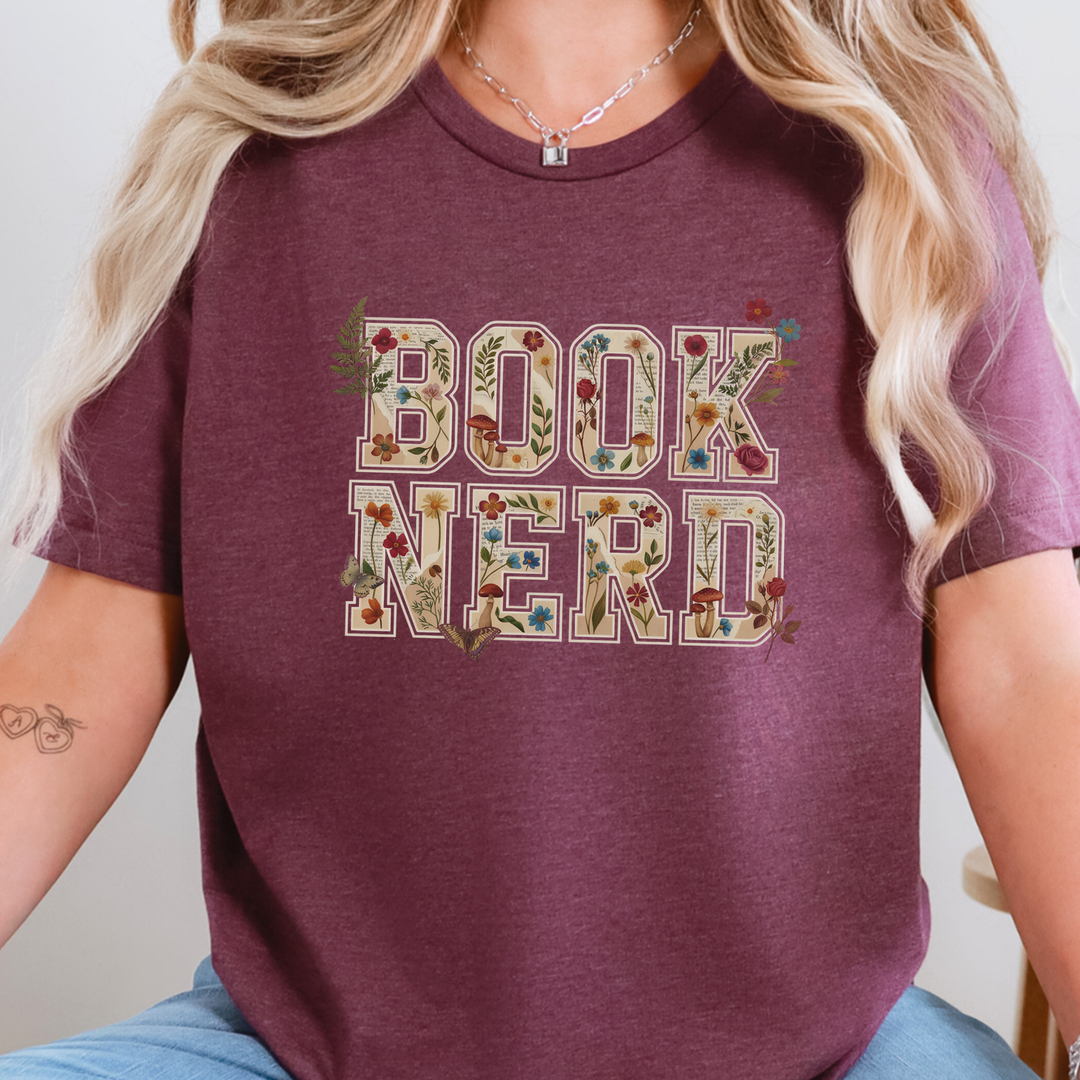 Wholesale Floral Book Nerd Graphic Tee - Heather Maroon