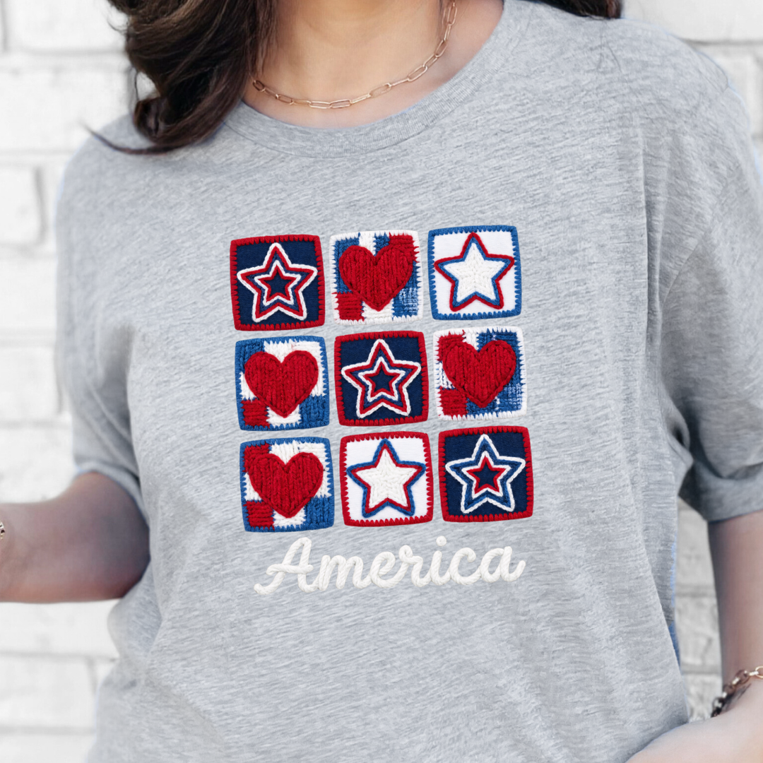 Wholesale Patriotic Quilt Stars Hearts Graphic Tee - Grey Tee