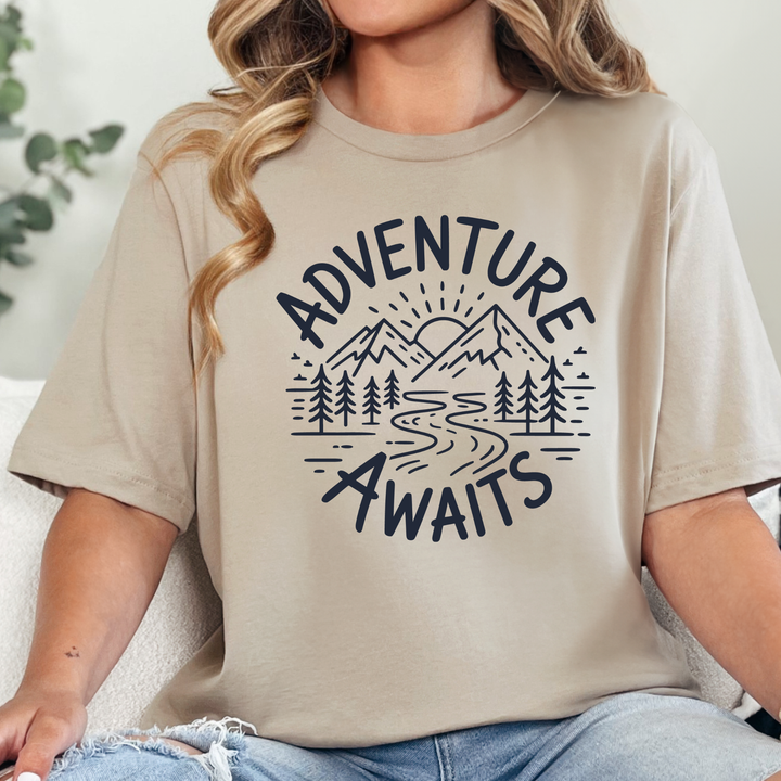 Wholesale Adventure Awaits Graphic Tee - Tan