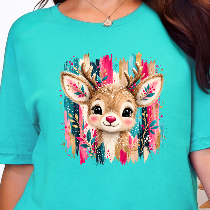 Wholesale Christmas Brushstroke Reindeer Graphic Tee - Heather Sea Green