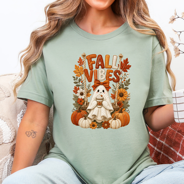 Wholesale Floral Ghost Autumn Patchwork Graphic Tee - Sage