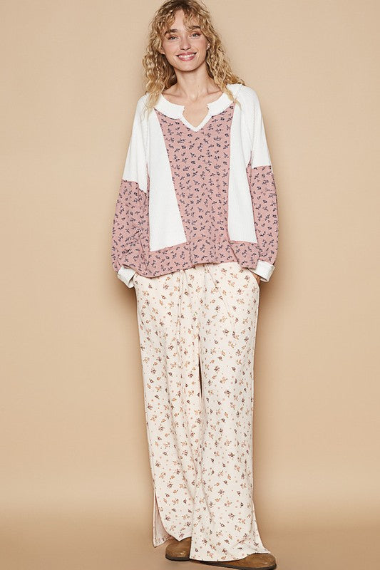 POL Waffle Knit Floral Notched Long Sleeve Top