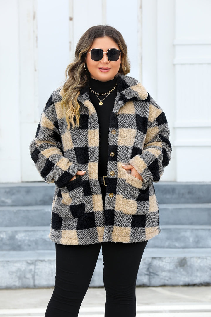 Plus Size Plaid Button Up Long Sleeve Coat