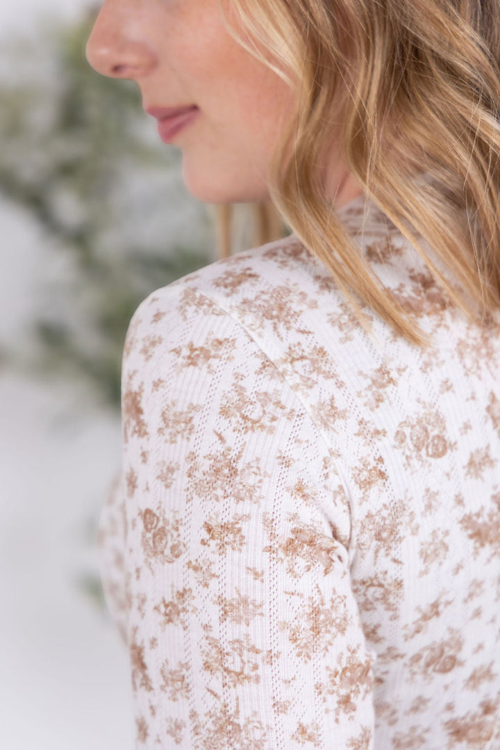 IN STOCK Button Snap Henley Top - Tan Micro Floral