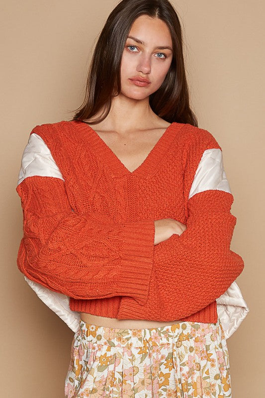 POL Cable Knit Quilting Patch V-Neck Contrast Sweater