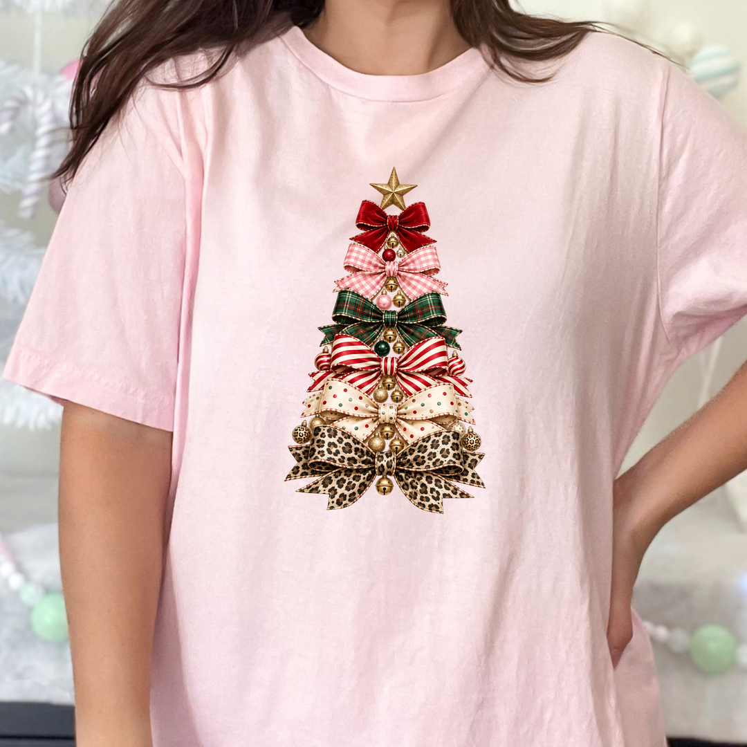 Wholesale Christmas Bow Tree Graphic Tee - Soft Pink
