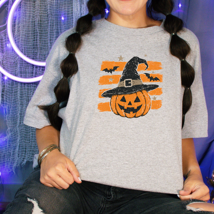 Wholesale Striped Vintage Halloween Pumpkin Graphic Tee - Grey