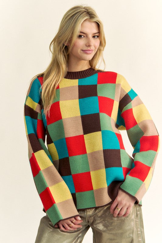 Davi & Dani Color Block Checkered Dropped Shoulder Sweater