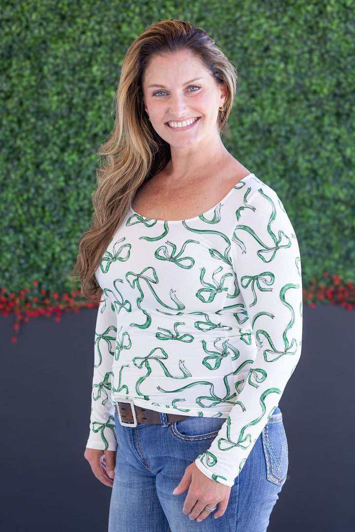 IN STOCK Alyssa Long Sleeve Top - Green Ribbons