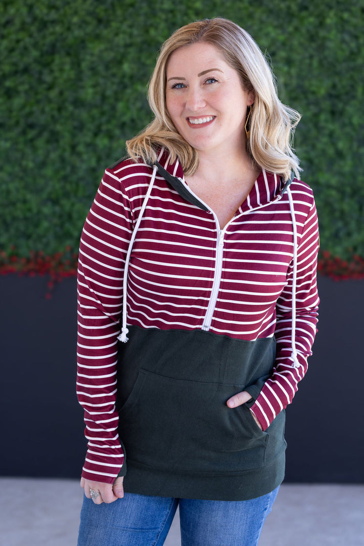 IN STOCK Soft Classic HalfZip Hoodie - Evergreen and Burgundy Stripes