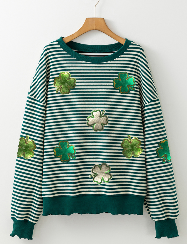 Stripe Lucky Clover Drop Shoulder Sweatshirt