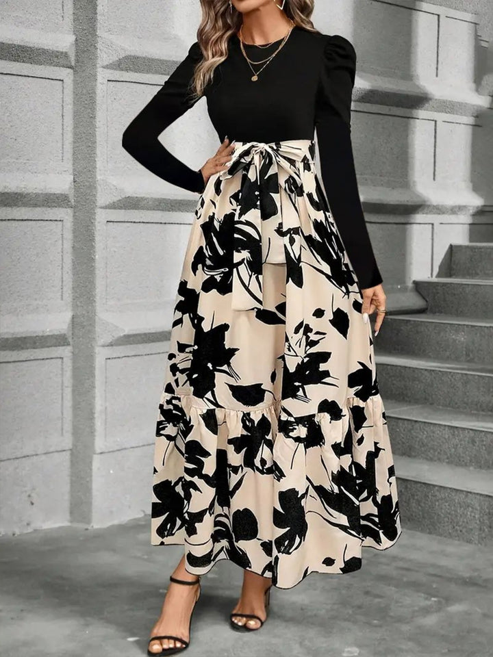 Tied Printed Round Neck Long Sleeve Midi Dress