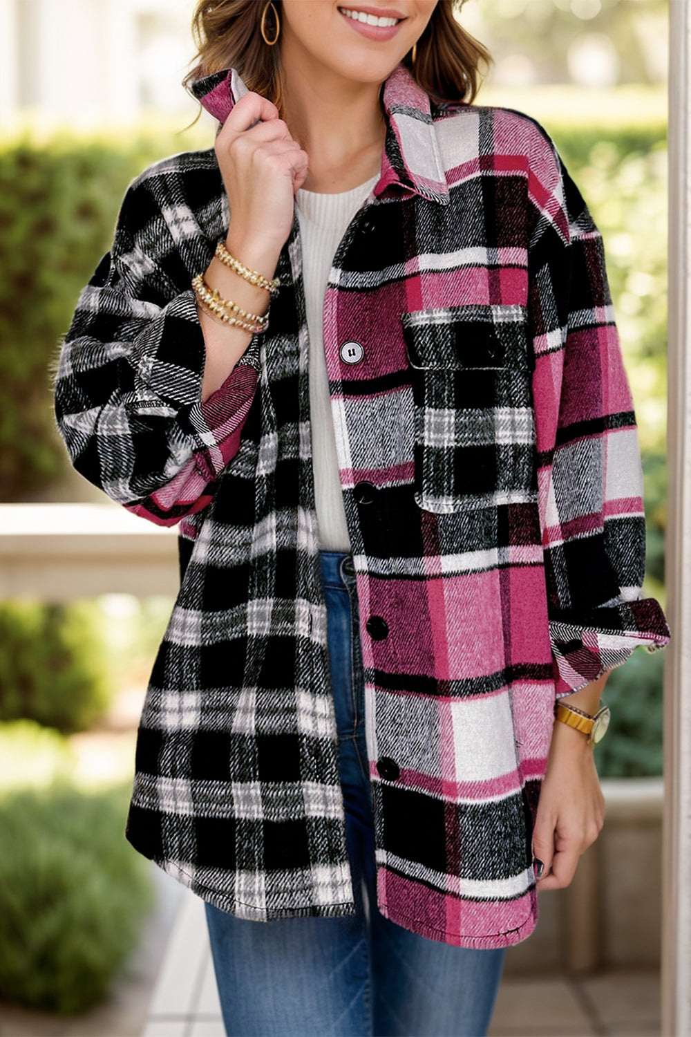 Pocketed Plaid Collared Neck Long Sleeve Shacket