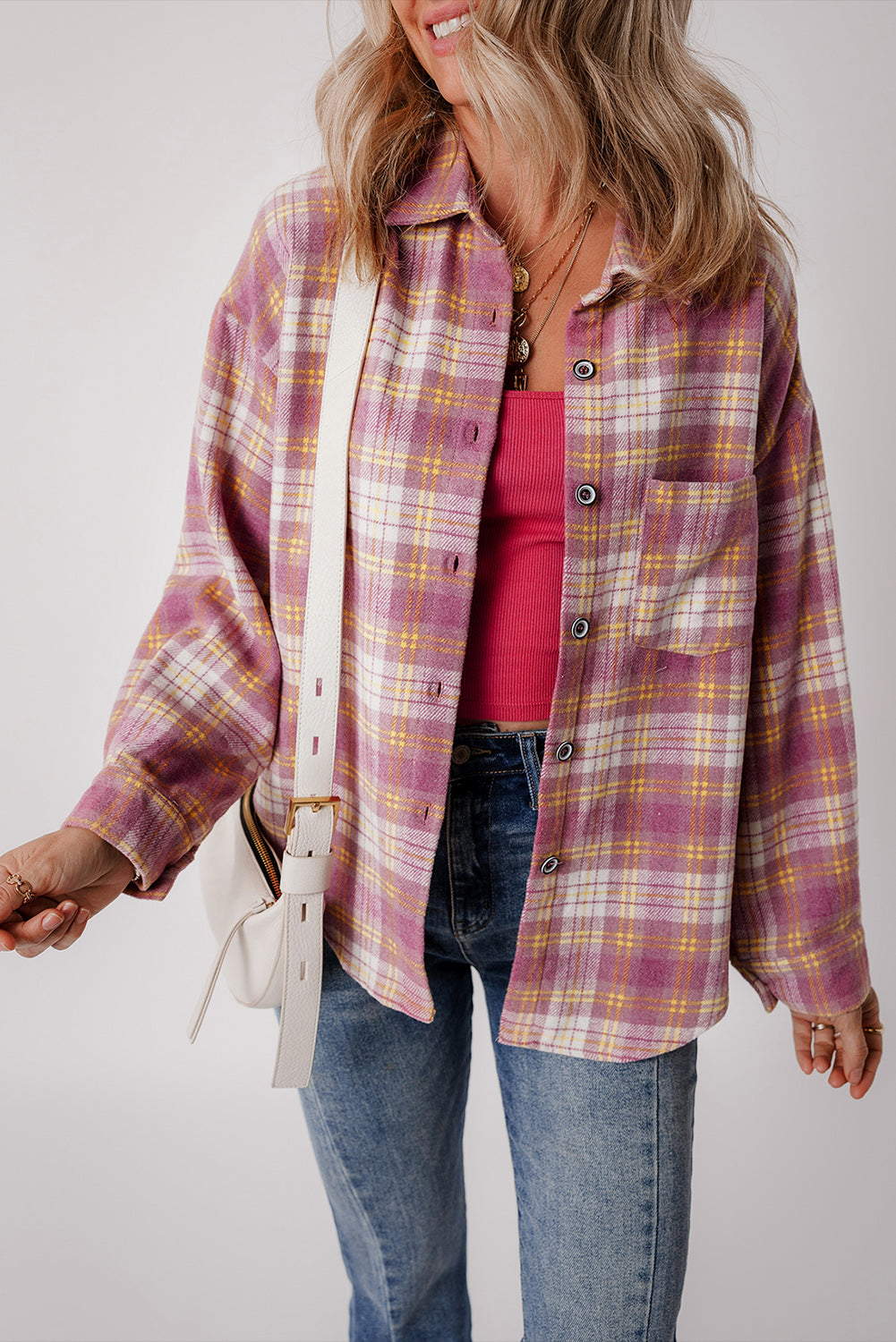 Plaid Collared Neck Button Up Shacket