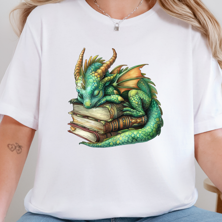 Wholesale Dragon Sleeping on Books Graphic Tee - Green Dragon on White