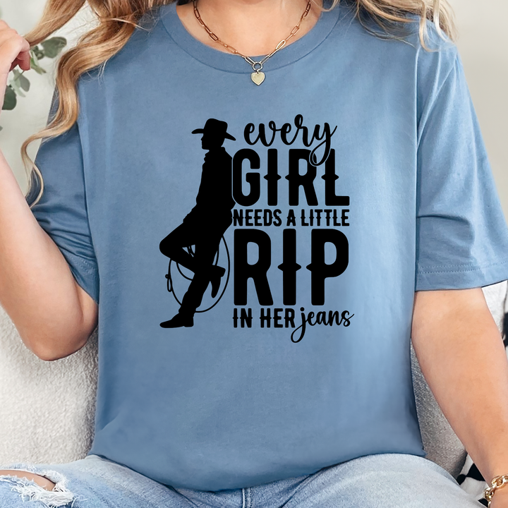 Wholesale A Little Rip in her Jeans Graphic Tee - Steel Blue