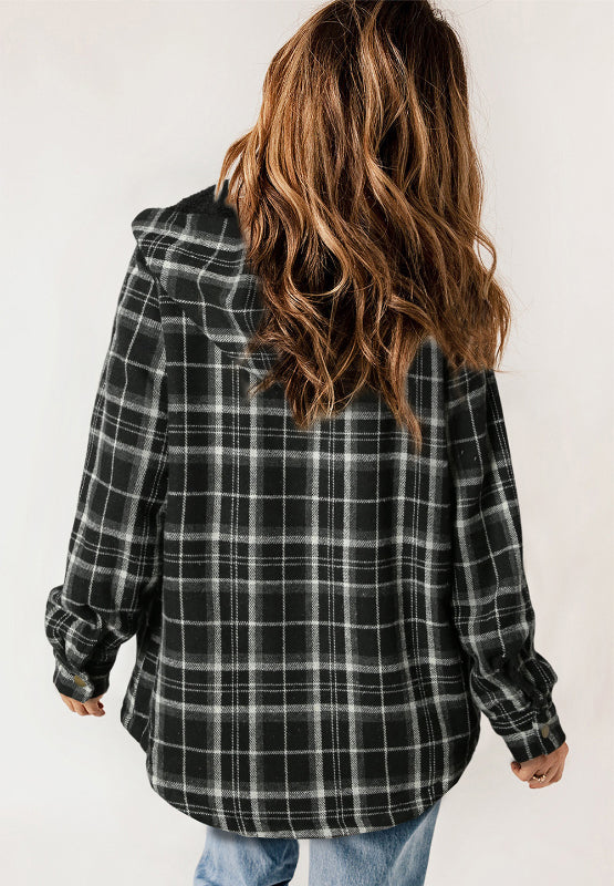 Plaid Button Up Long Sleeve Hooded Jacket