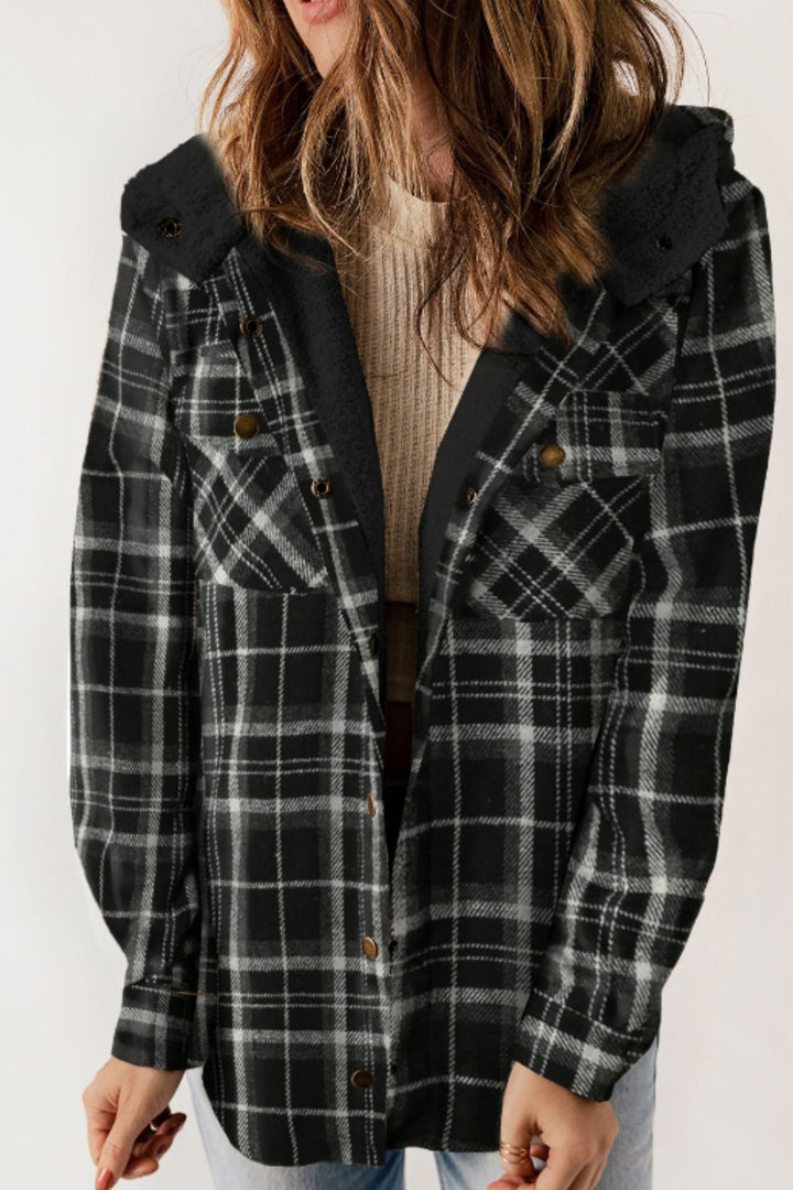 Plaid Button Up Long Sleeve Hooded Jacket