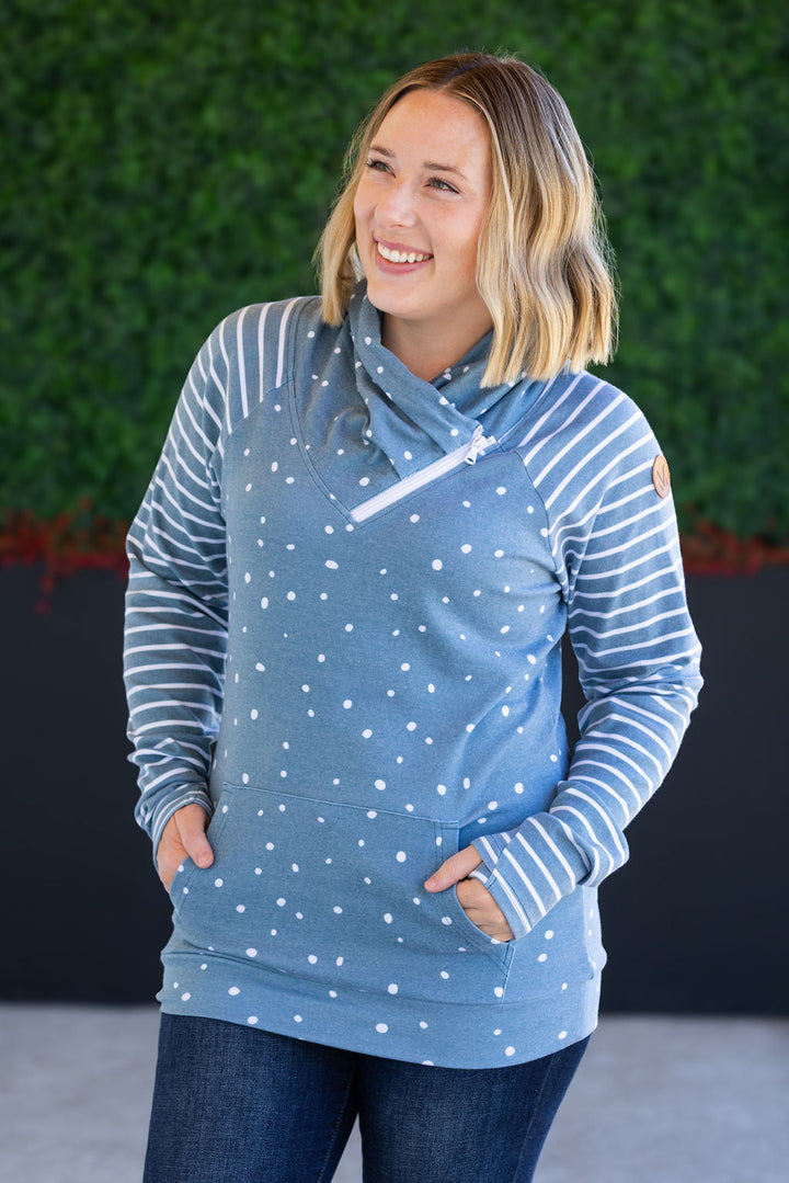 IN STOCK Zoey ZipCowl Sweatshirt - Teal Dots and Stripes