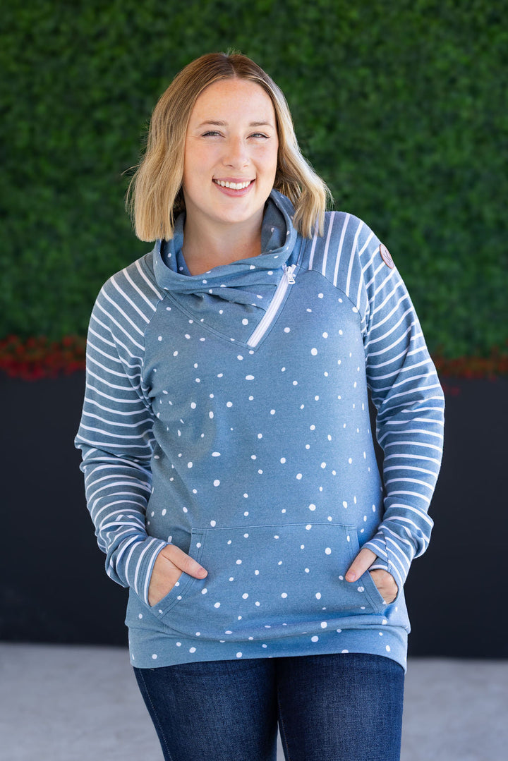 IN STOCK Zoey ZipCowl Sweatshirt - Teal Dots and Stripes