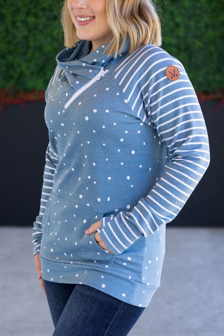 IN STOCK Zoey ZipCowl Sweatshirt - Teal Dots and Stripes