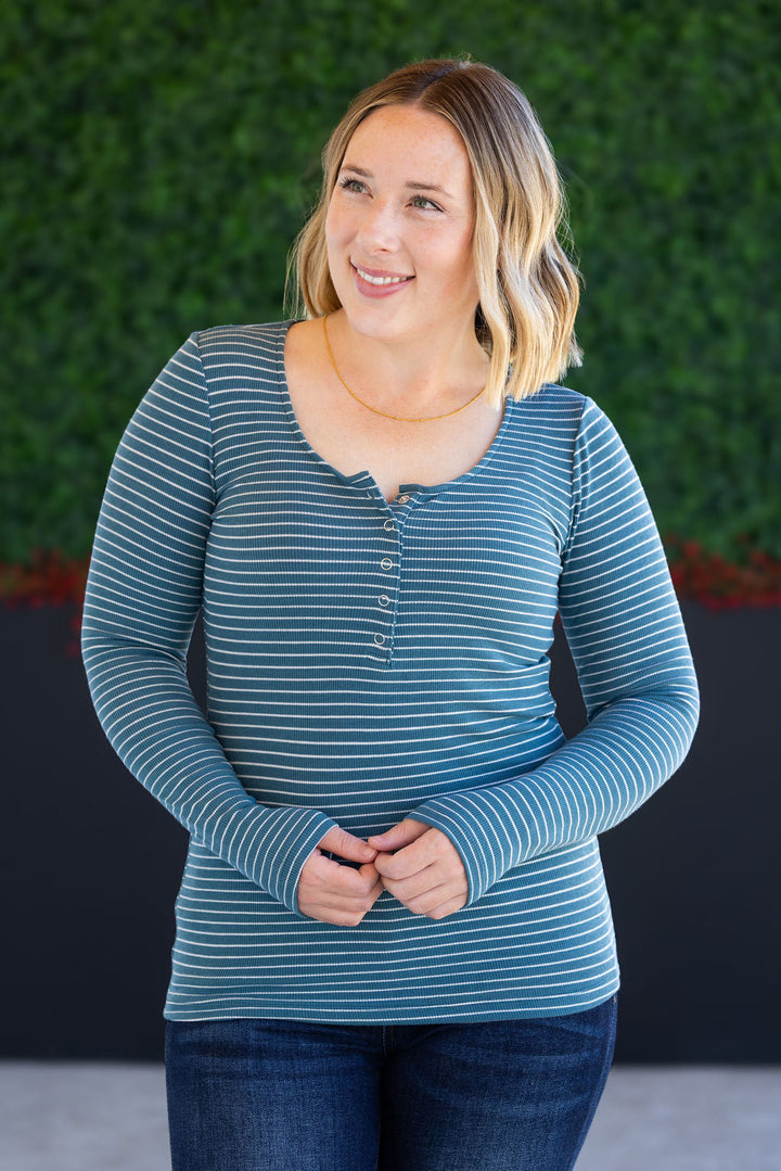 IN STOCK Striped Henley Long Sleeve - Dusty Teal