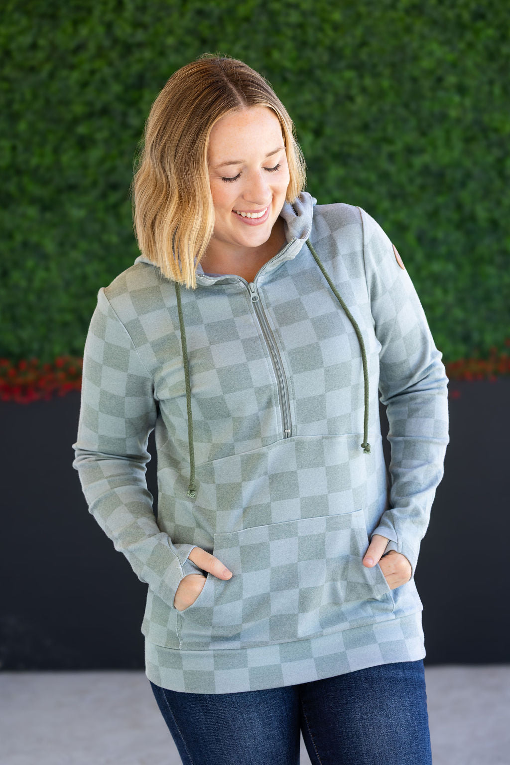 IN STOCK HalfZip Hoodie - Olive Checkers