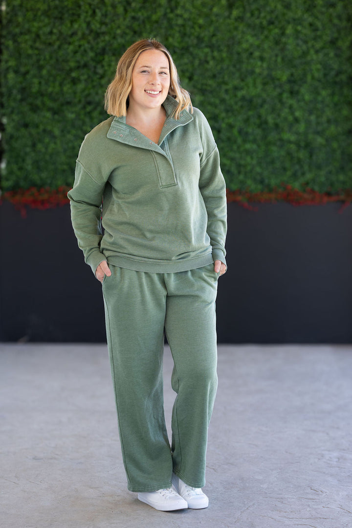 IN STOCK Wide Leg Vintage Wash Bottoms - Olive