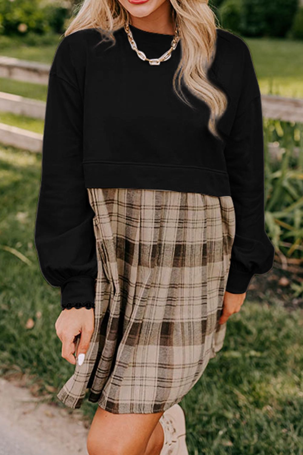 Plaid Round Neck Long Sleeve Mini Dress