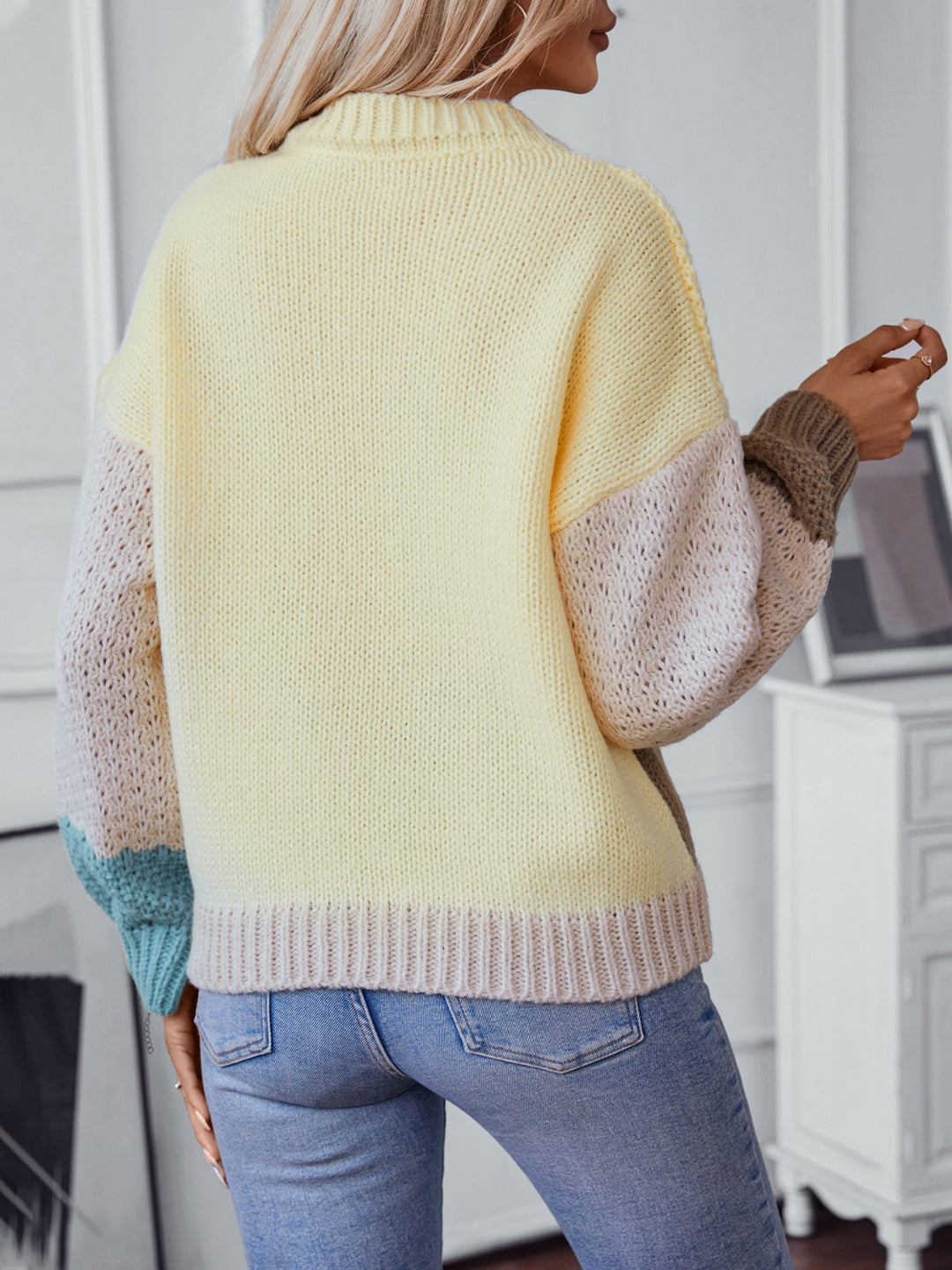 Color Block Round Neck Dropped Shoulder Sweater