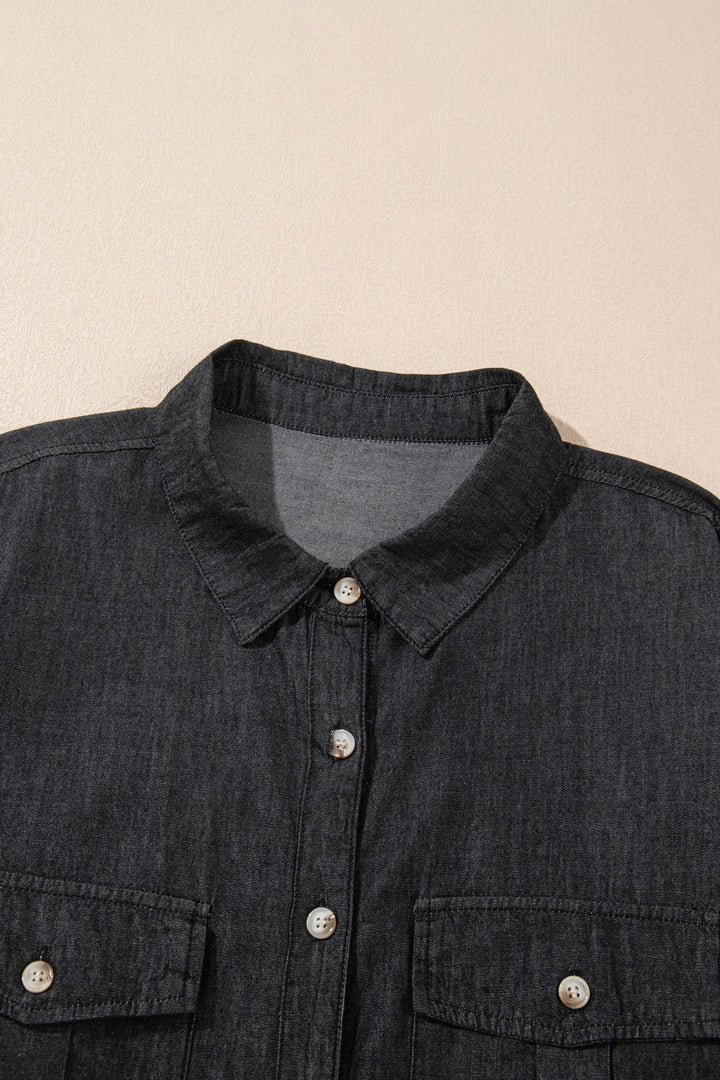 Pocketed Collared Neck Long Sleeve Denim Top