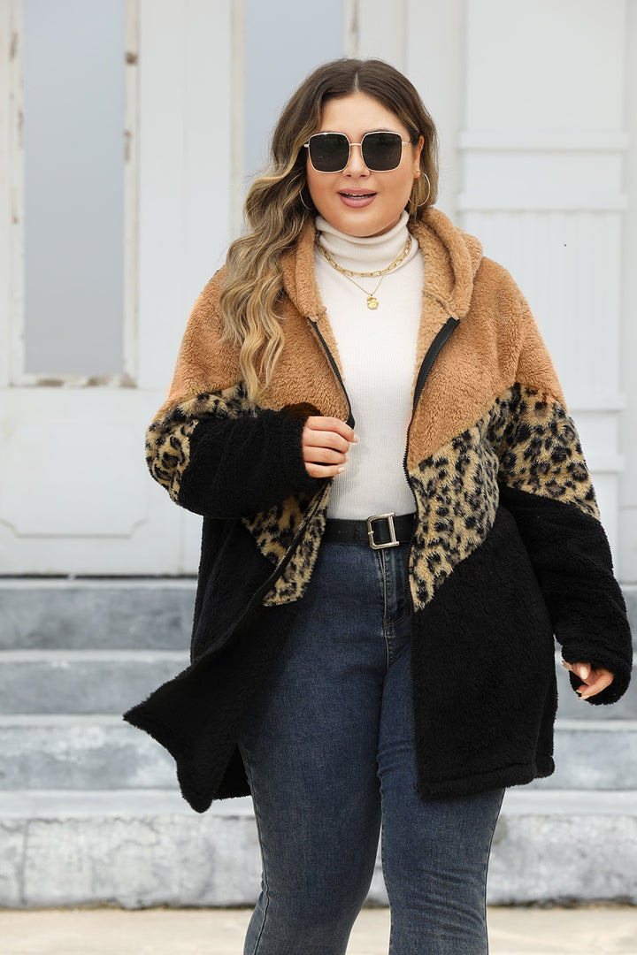 Plus Size Leopard Zip Up Hooded Outerwear