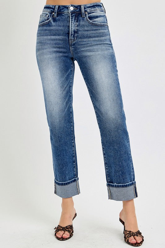 RISEN Full Size High Rise Crop Straight Roll Up Jeans