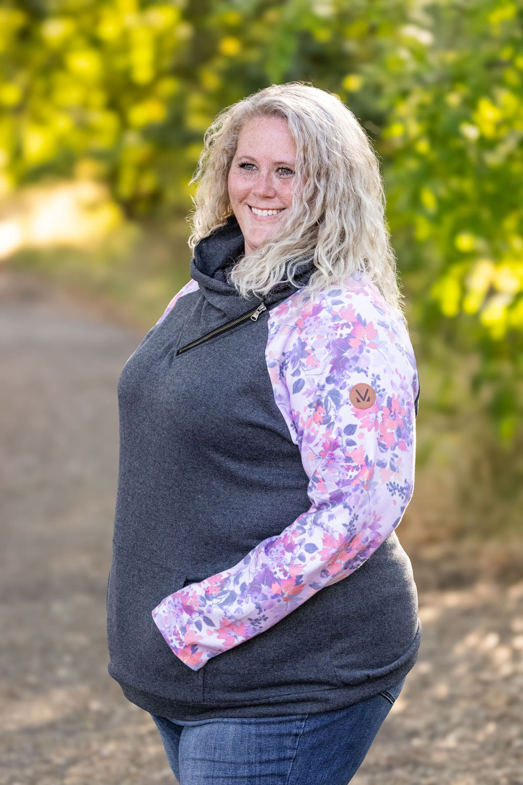 IN STOCK Zoey ZipCowl - Charcoal and Fall Floral Leaves