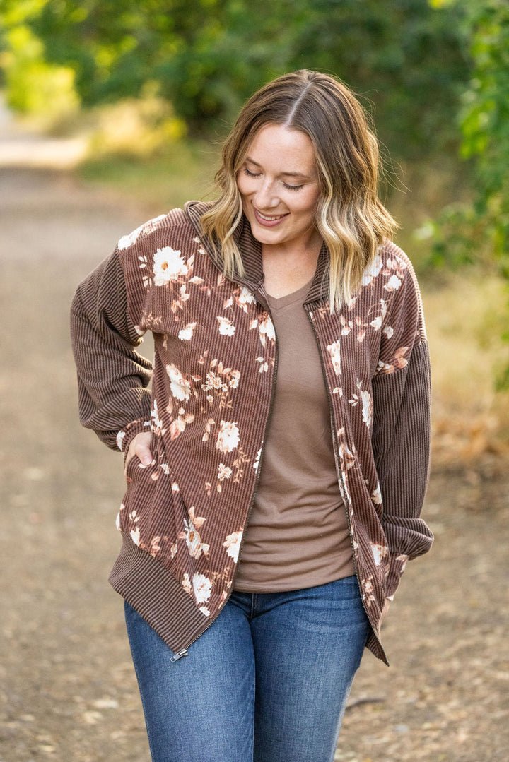 IN STOCK Ramona Ribbed Floral Zip Up - Brown FINAL SALE