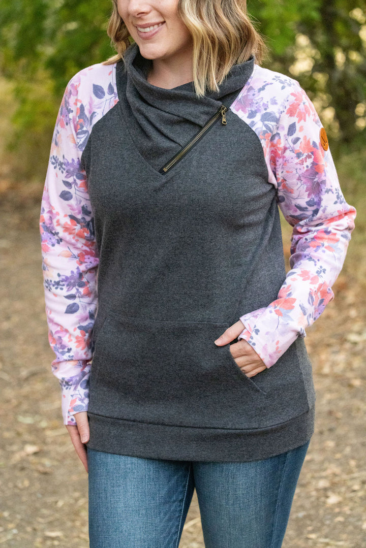 IN STOCK Zoey ZipCowl - Charcoal and Fall Floral Leaves