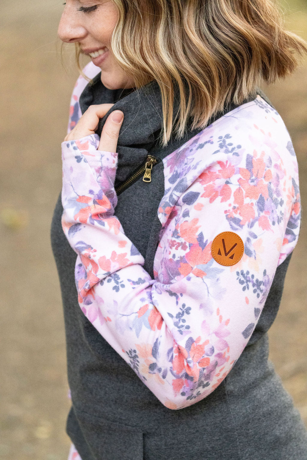 IN STOCK Zoey ZipCowl - Charcoal and Fall Floral Leaves