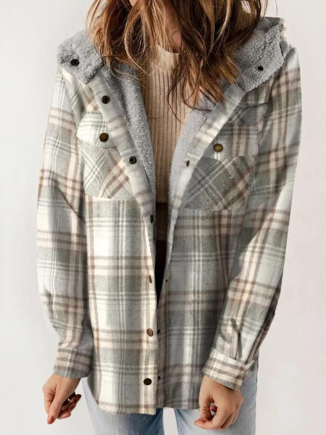 Plaid Snap Down Plush Hooded Jacket