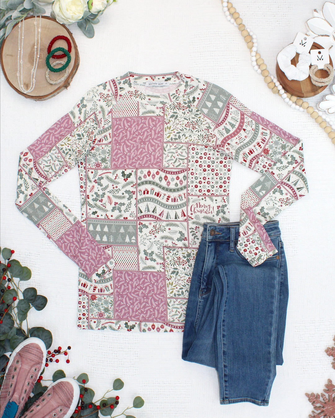 IN STOCK Blair Long Sleeve Top - Holiday Patchwork